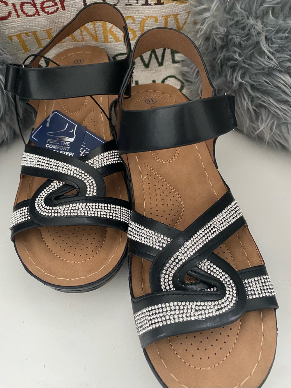 Cherokee Black Sandals with Silver Rhinestone Wave Accents